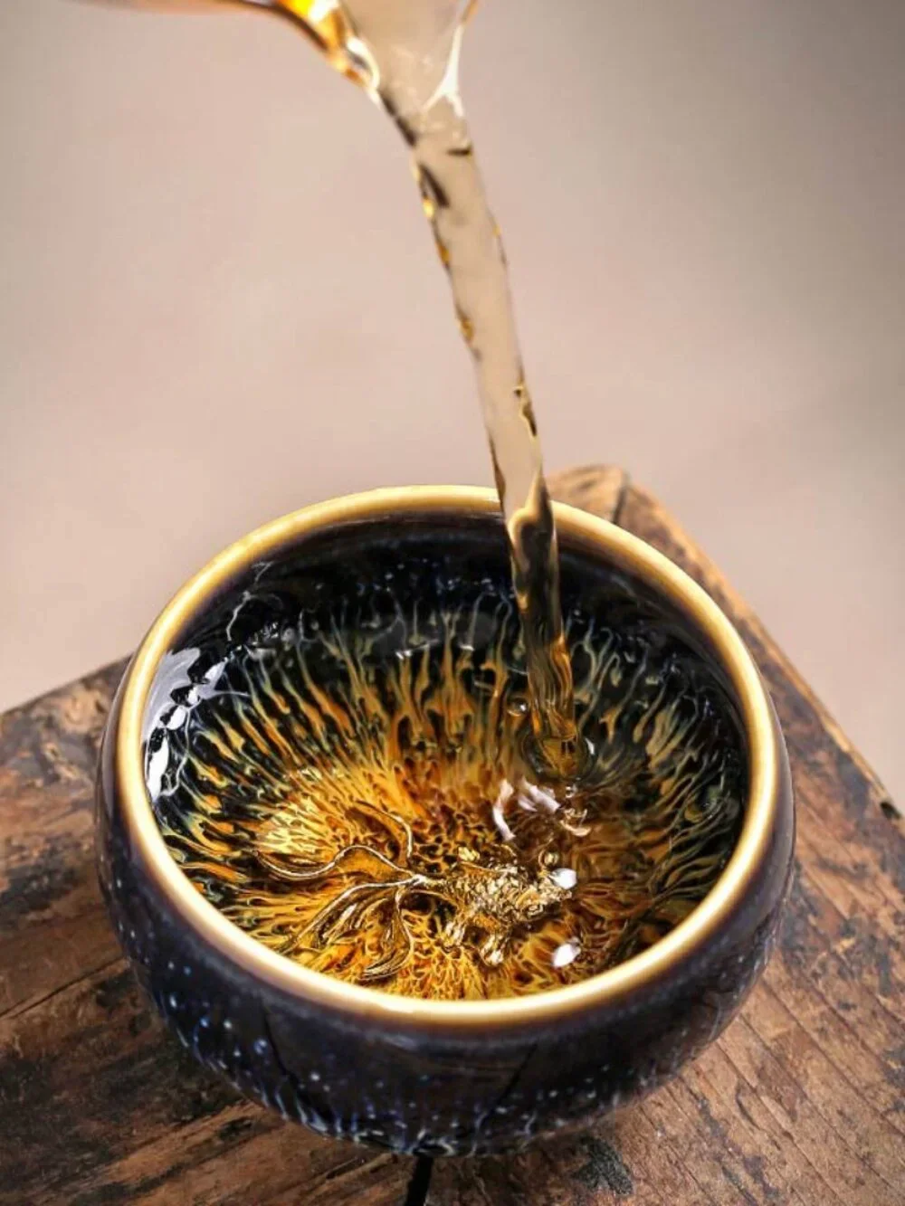 Set of 5 Jianzhan-Style Ceramic Tea Cups with Silver Lotus